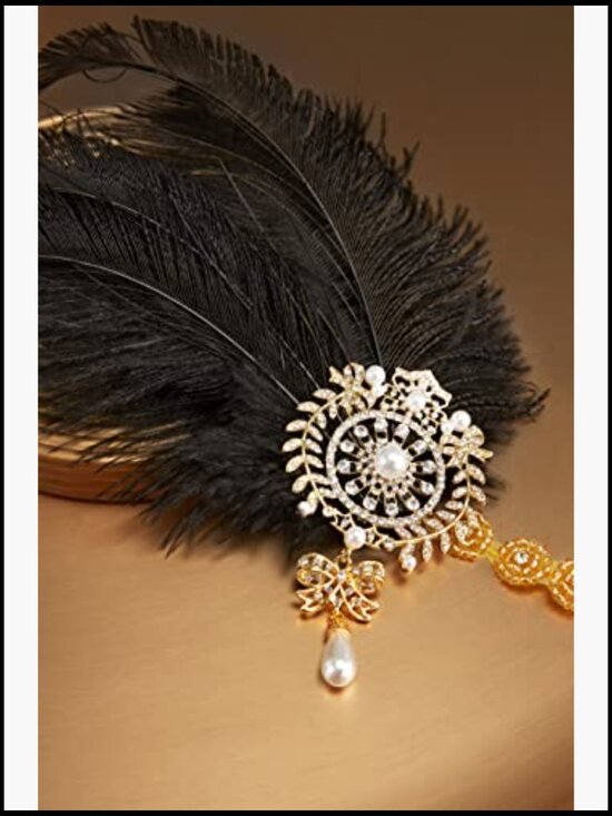 1920s Flapper Headband Vintage Wedding Feather Headpiece with Crystals and